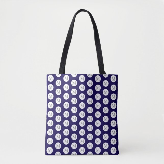 Tote Bag Monogramme de Polka bleu marine Fourre-tout (Devant)