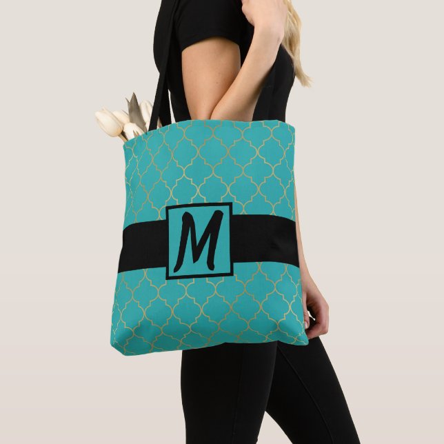 Tote Bag Monogramme de Quatrefoil turquoise et or (De près)