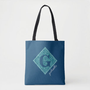 Tote Bag Monogramme de reflet de la fille bleue