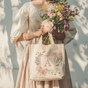 Tote Bag Monogramme de rose florale rose