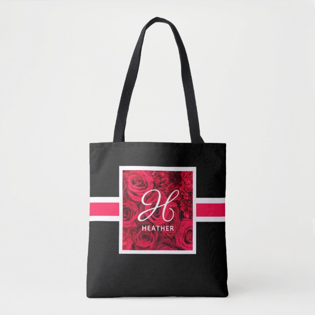 Tote Bag Monogramme de roses rouges noires Fourre-tout (Devant)