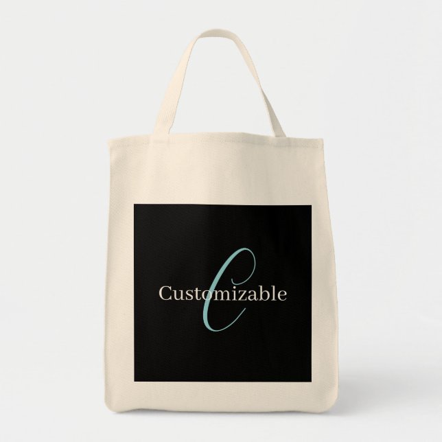 Tote Bag Monogramme de script cursif éditable Noir Bleu Bla (Devant)