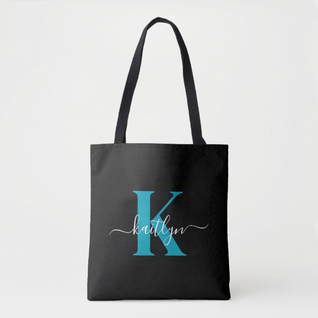 Tote Bag Monogramme de script sarcelle noir moderne (Devant)
