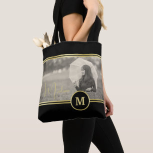 Tote Bag Monogramme de signature or élégant avec photo