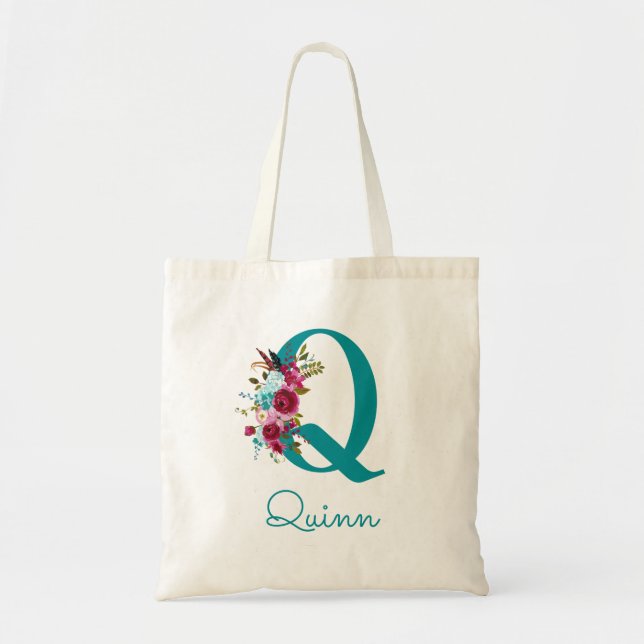 Tote Bag Monogramme de style floral lettre Q couleur sarcel (Devant)
