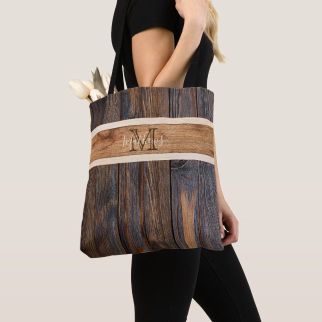 Tote Bag Monogramme de ton en bois rustique Bande horizonta (De près)