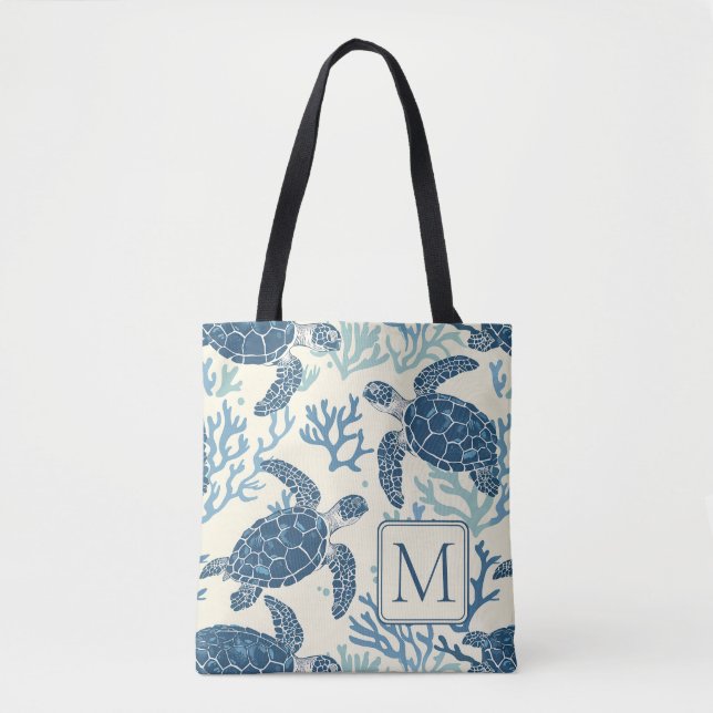 Tote Bag Monogramme de tortues marines bleues et crémeuses (Devant)