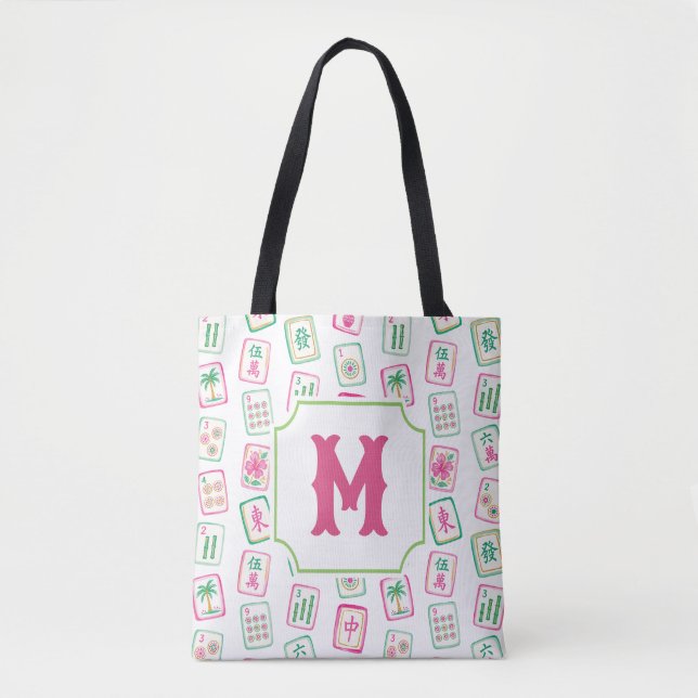 Tote Bag Monogramme de tuiles de Mahjong Rose & Vert Palm B (Devant)