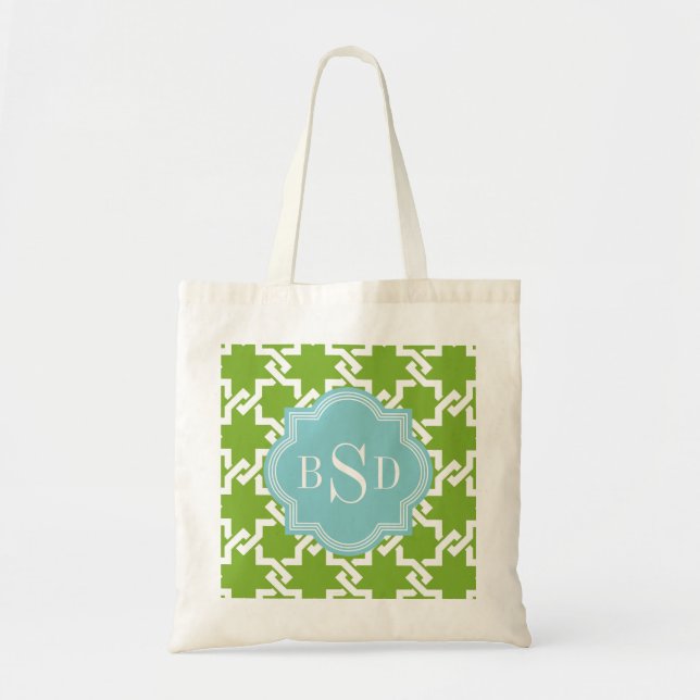 Tote Bag Monogramme de verrouillage de motif de vert chic (Devant)