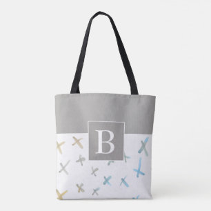 Tote Bag monogramme design gris blanc blanc abstrait