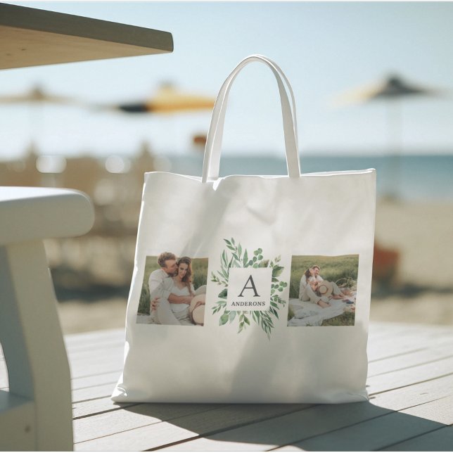 Tote Bag Monogramme deux photos | Cadre de verdure personna (Créateur téléchargé)