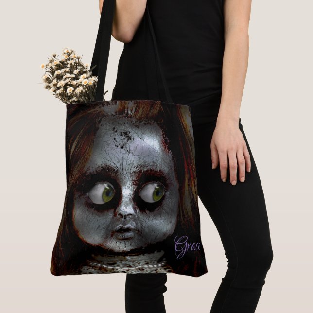 Tote Bag Monogramme d'Halloween effrayant poupée (De près)
