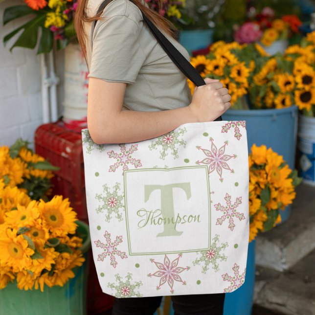 Tote Bag Monogramme d'hiver Flocon de neige moderne vacance (Christmas colorful snowflake pattern monogram tote bag)