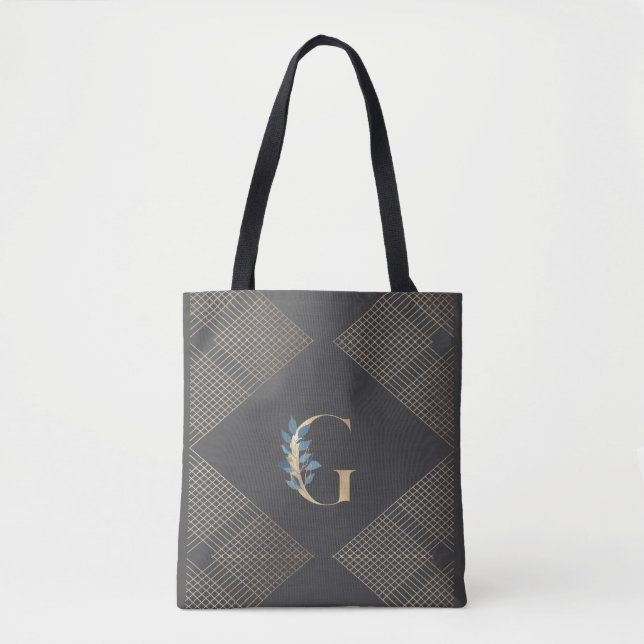 Tote Bag Monogramme d'huile d'or gris sur mesure Botanique  (Devant)