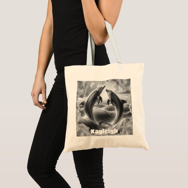 Tote Bag Monogramme Dolphins noir et blanc Océan | (Devant (produit))