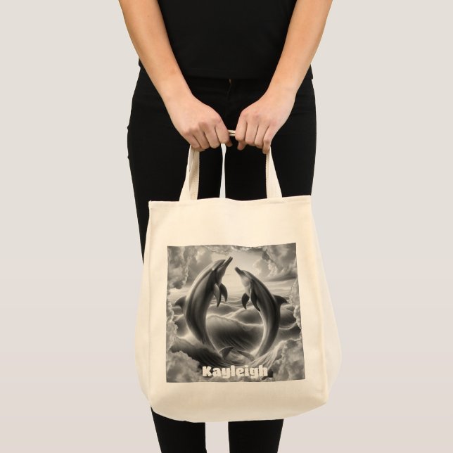 Tote Bag Monogramme Dolphins noir et blanc Océan | (Devant (produit))