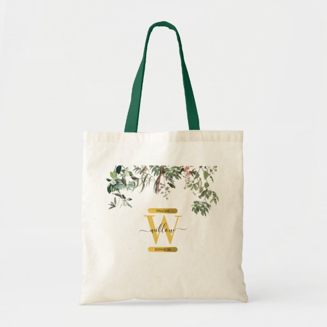 Tote Bag Monogramme d'or Elégant Eucalyptus Verdure & Oisea (Devant)