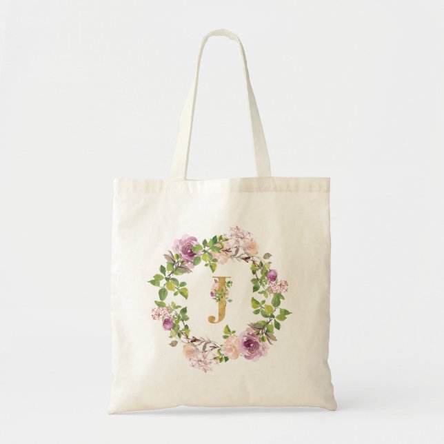Tote Bag Monogramme d'or moderne J Aquarelle Florale Wreath (Devant)