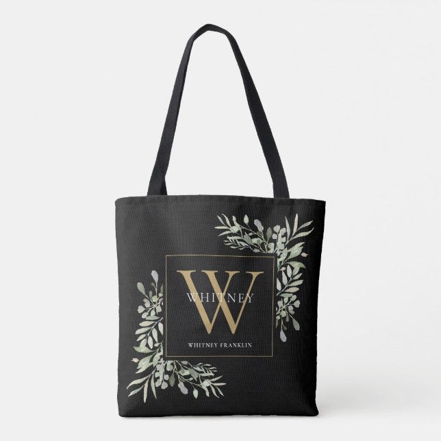 Tote Bag Monogramme d'or noir Aquarelle vert Feuille Tot (Dos)