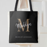 Tote Bag Monogramme d'or noir moderne Nom initial<br><div class="desc">Monogramme d'or noir moderne Nom du script Sac fourre-tout initial.Personnalisez facilement ce sac fourre-tout élégant moderne avec votre monogramme et votre nom personnalisés.</div>