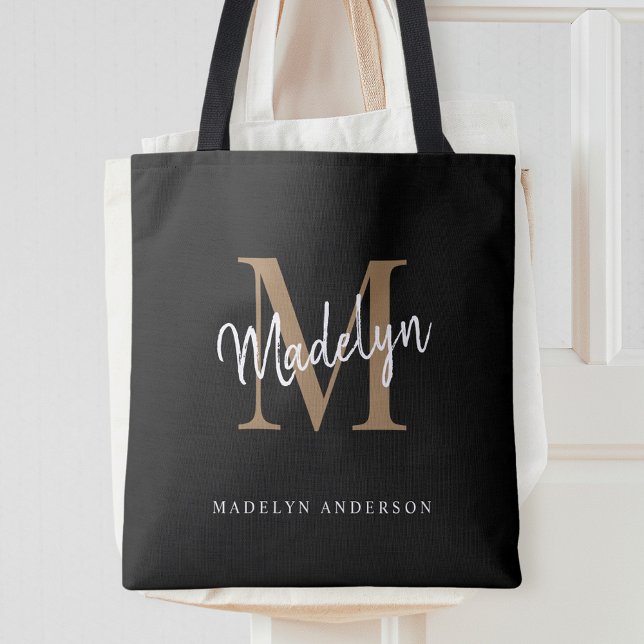 Tote Bag Monogramme d'or noir moderne Nom initial (Créateur téléchargé)