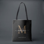 Tote Bag Monogramme d'or noir moderne Nom initial<br><div class="desc">Monogramme d'or noir moderne Élégant Nom du script Sac fourre-tout initial</div>