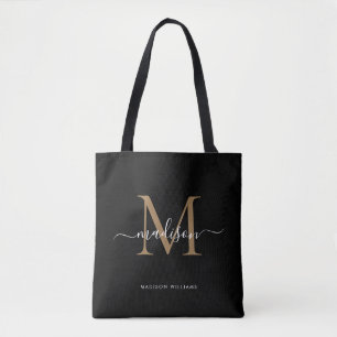 Tote Bag Monogramme d'or noir moderne Nom initial