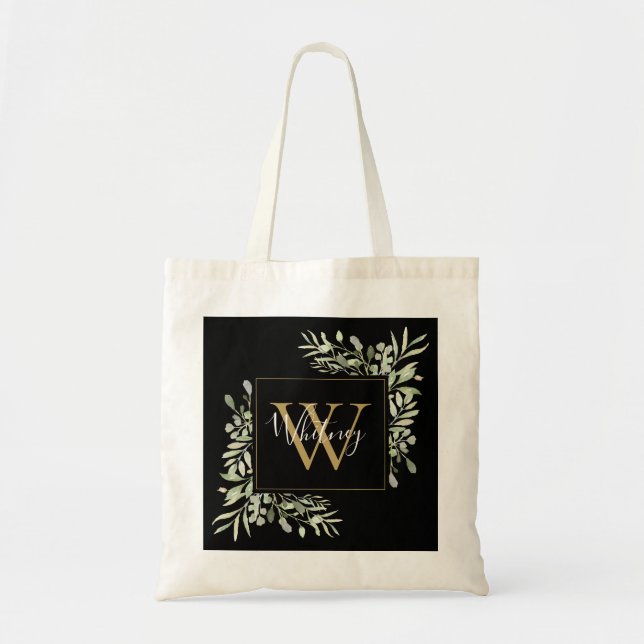 Tote Bag Monogramme d'or noir Vert Floral (Devant)