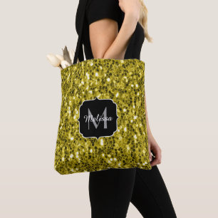 Tote Bag Monogramme doré foncé jaune faux parties scintilla