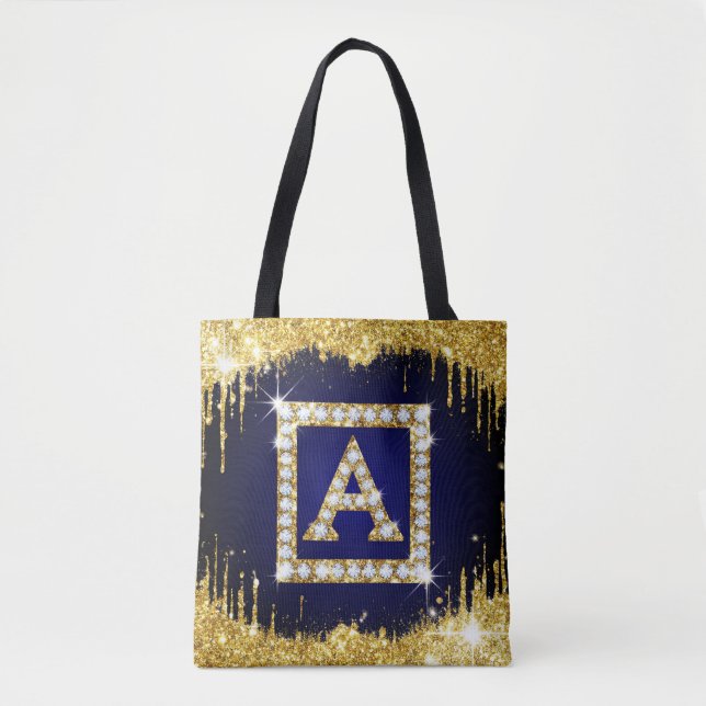 Tote Bag Monogramme doré initial A avec paillettes bleues (Devant)