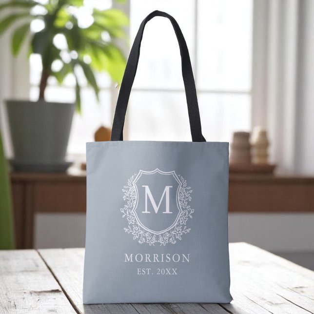Tote Bag Monogramme Dusty Blue Crest Mariage botanique (Créateur téléchargé)