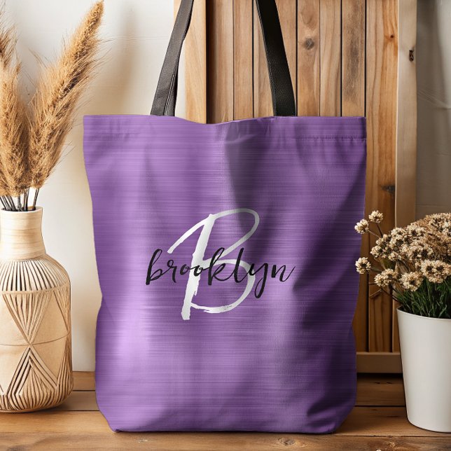 Tote Bag Monogramme écriture noir blanc sur métal brossé vi (Créateur téléchargé)