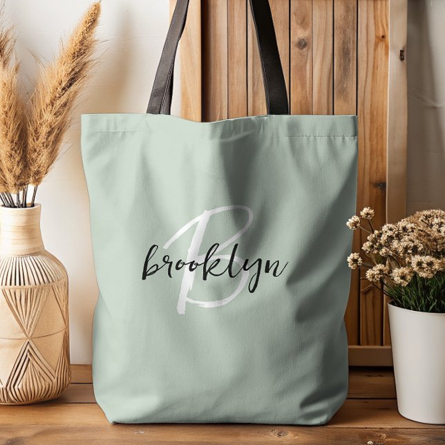 Tote Bag Monogramme écriture tendance vert sauge noir blanc (Créateur téléchargé)