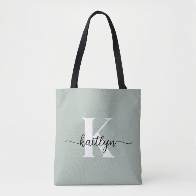 Tote Bag Monogramme écriture vert sauge (Devant)