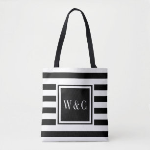 Tote Bag Monogramme élégant à rayures noir et blanc
