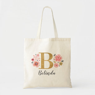 Tote Bag Monogramme élégant de nom initial floral or