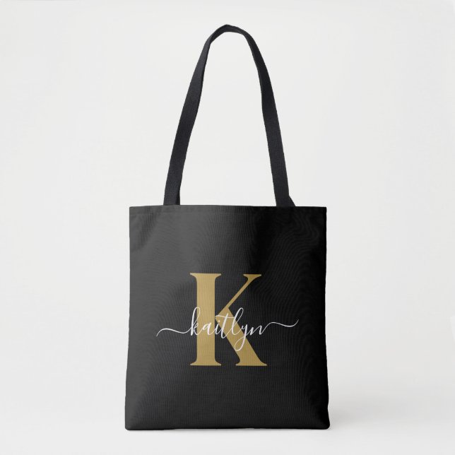 Tote Bag Monogramme élégant en or noir Script (Devant)