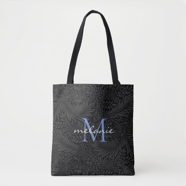 Tote Bag Monogramme élégant floral noir bleu script (Devant)
