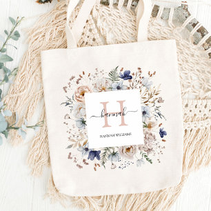 Tote Bag Monogramme Élégant Jolies Fleurs Beige Bleu Floral
