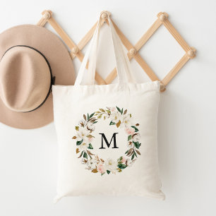 Tote Bag Monogramme Élégant Magnolias Blanches et Floral Ro
