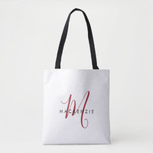 Tote Bag Monogramme élégant moderne blanc rouge script