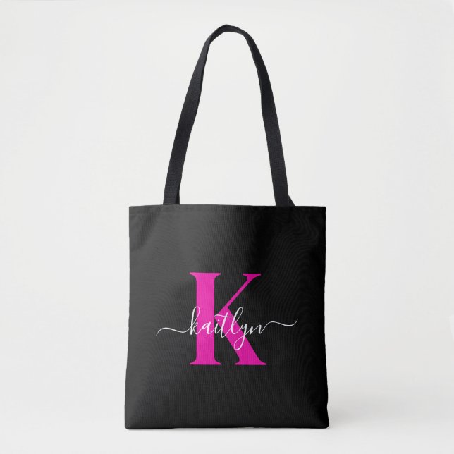 Tote Bag Monogramme élégant noir rose vif écriture (Devant)