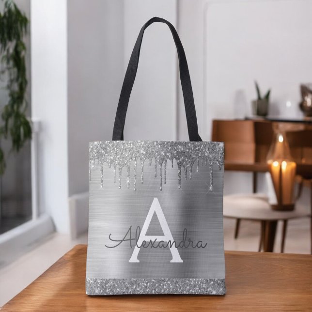 Tote Bag Monogramme élégant paillettes argentées de luxe (Créateur téléchargé)