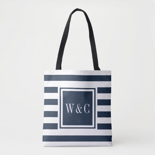 Tote Bag Monogramme élégant rayure bleu marine blanc (Devant)