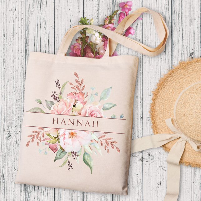 Tote Bag Monogramme Élégant rose Peony Floral (In situ)