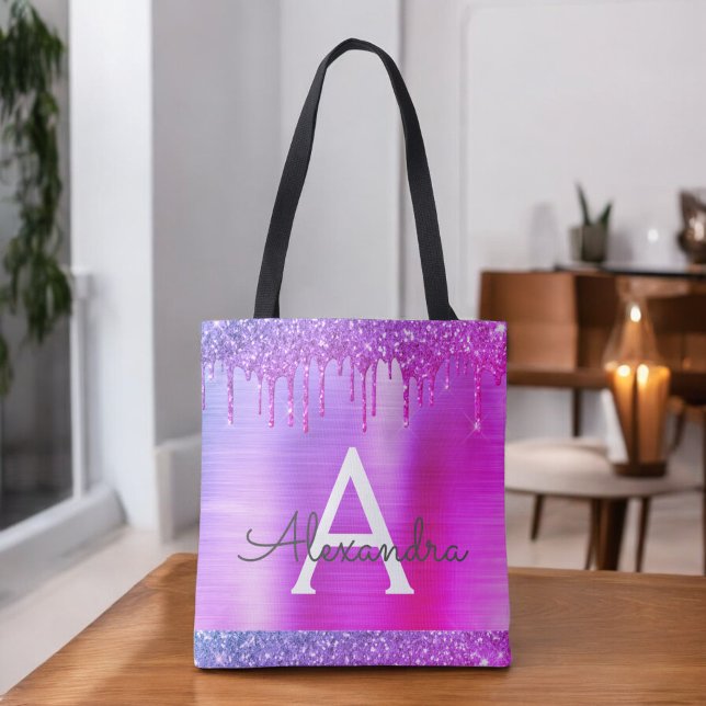 Tote Bag Monogramme élégant scintillant de paillettes rose  (Créateur téléchargé)