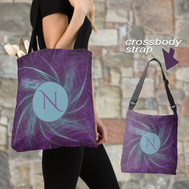 Tote Bag Monogramme Élégant Spirale Abstraite Violet Turquo (Personalize the initial and it will appear on both sides of the bag. Make it for yourself or a gift.)