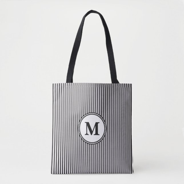 Tote Bag Monogramme en bande noire et blanche (Devant)