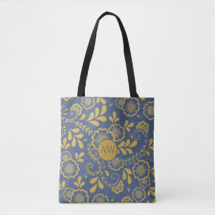 Tote Bag Monogramme en dentelle victorienne or et bleu fran