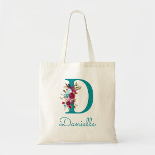 Tote Bag Monogramme en écriture D florale sarcelle rose